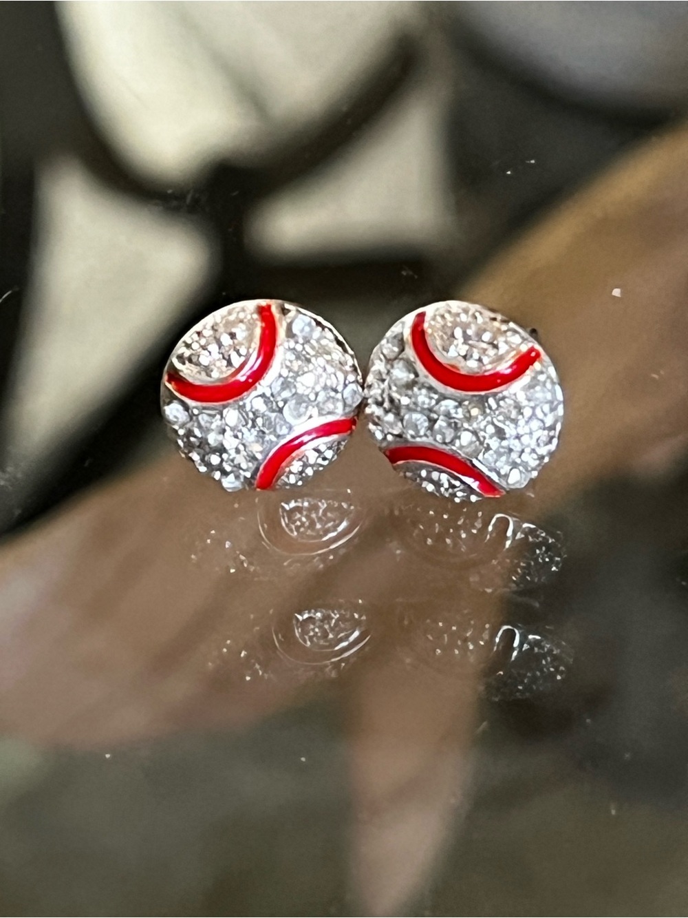 ⚾️ Tiny Shiny Crystal Baseball Stud Earrings with Red Enamel Accents